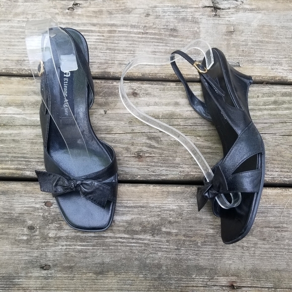 Vintage 90s y2k Black Leather Square toe Bow Front Slingback Wedge Sandals 8 - Picture 1 of 9